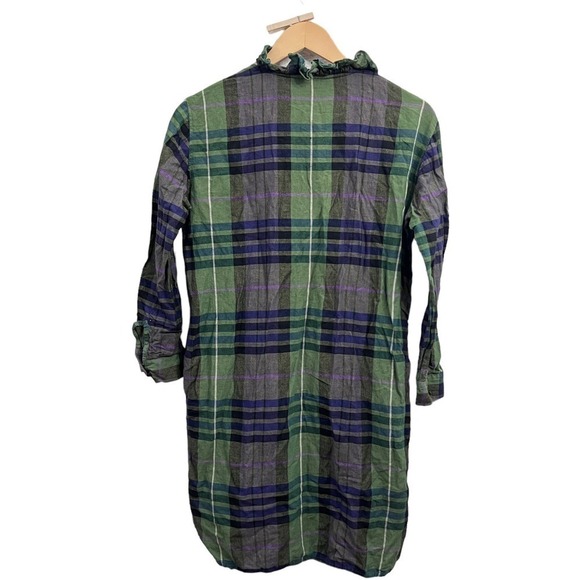 SANDRO PARIS GREEN PLAID LONG SLEEVE RUFFLE NECK HI-LOW SHIRT DRESS Size M - Picture 5 of 16